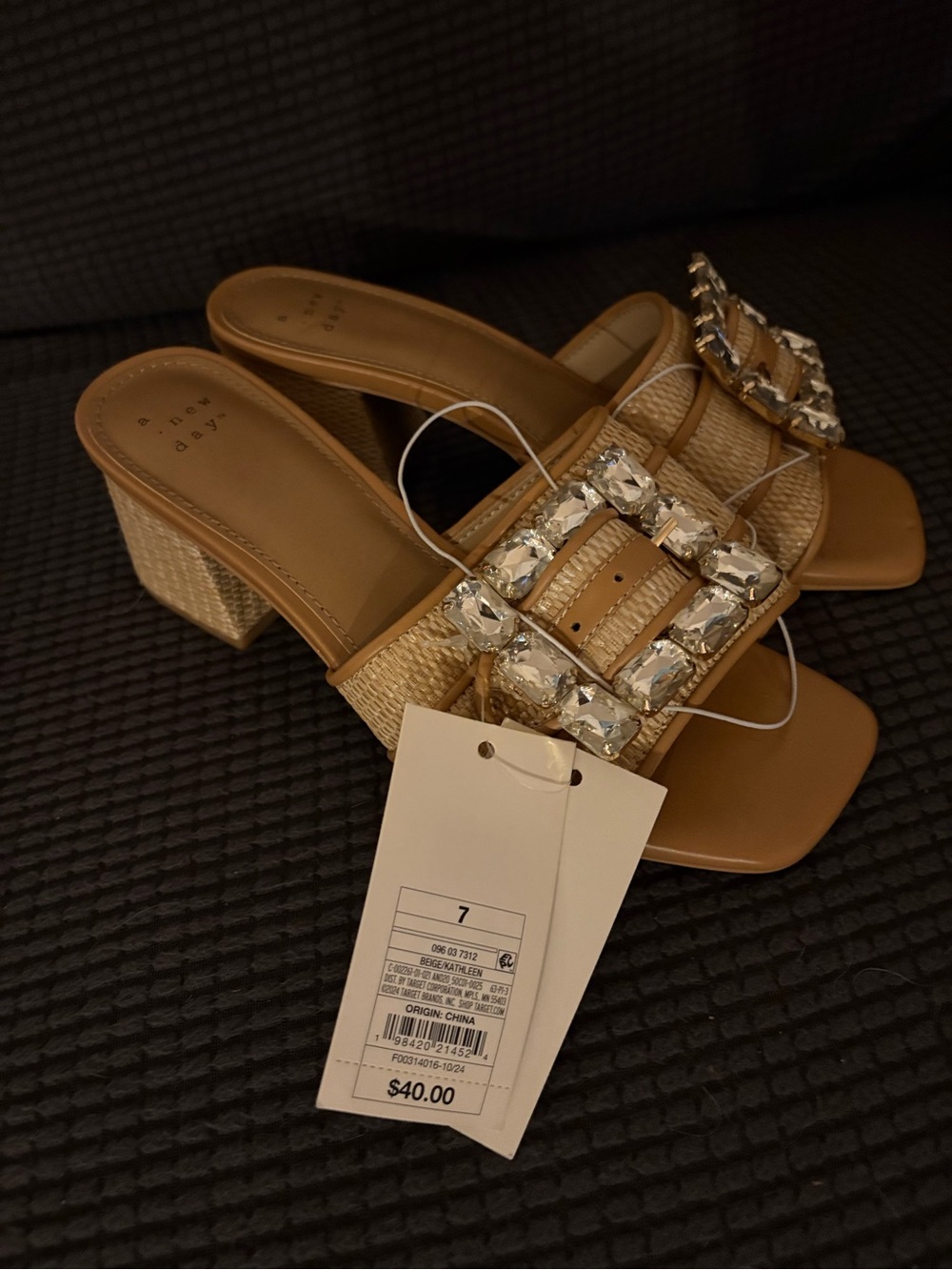 New Day Tan Jeweled Buckle Slide Sandals